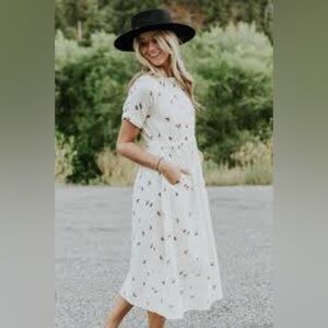 Rylee + Cru Charming Cotton Cream Pocket Dress Bird Print Size Small EUC